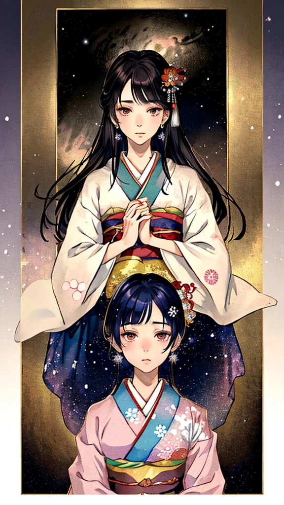 4K highest image, highest quality romantic illustration in Japanese anime art style depicting Tanabata night. A handsome young man in his early 20s, representing Hikoboshi, with long silver hair and tribal tattoos, wearing a properly fitted traditional kimono. A beautiful young woman in her early 20s, representing Orihime, with a well-defined nose and clear features, wearing makeup, pretty hairpins, and earrings. She also wears a traditional kimono. They are facing each other, gazing into each other's eyes, and embracing. The background features the beautiful Milky Way with stars twinkling mysteriously, creating a fantastical summer night atmosphere. The overall scene is beautiful, stylish, romantic, and mystical.
