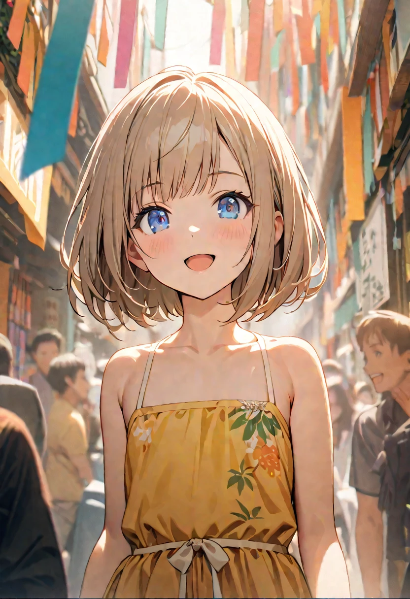 1 girl, 18yo, (flat chest: 1.5), blue eyes, light brown hair, bob cut, summer outfit, smile, open mouth, tanabata festival, large shopping arcade, Tanabata decorations, lots of Tanabata streamers, crowds in the background, upper body, 8k, RAW photo, best quality, masterpiece, extremely detailed 8k wallpaper, ultra-detailed, best shadow, detailed background, beautiful detailed face, beautiful detailed eyes, nice hands, perfect hands