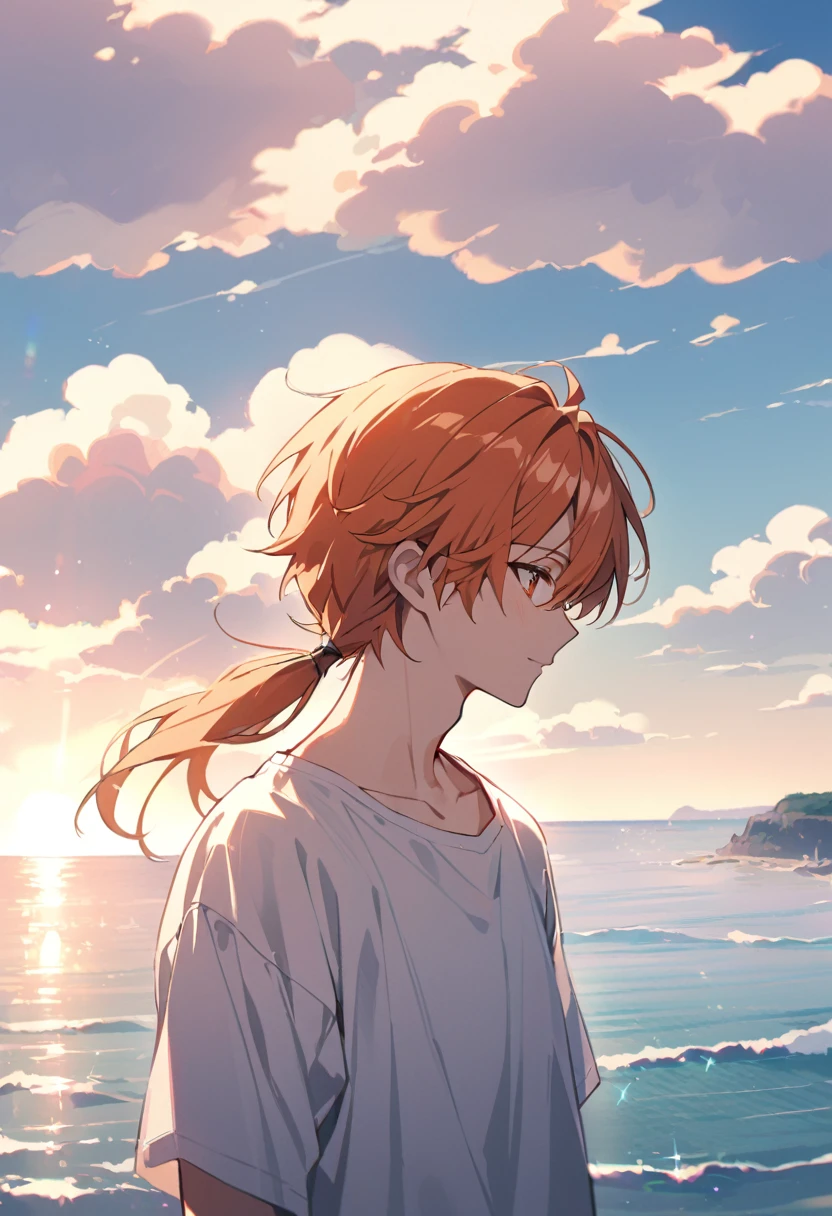 good looking, alone, 1 male, Medium Hair, Low Ponytail, Bright orange hair, Hazel Eyes, White shirt、Beautiful views、Ocean、friendly