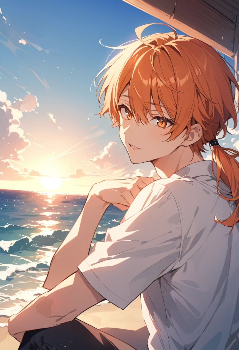 good looking, alone, 1 male, Medium Hair, Low Ponytail, Bright orange hair, Hazel Eyes, White shirt、Beautiful views、Ocean、friendly