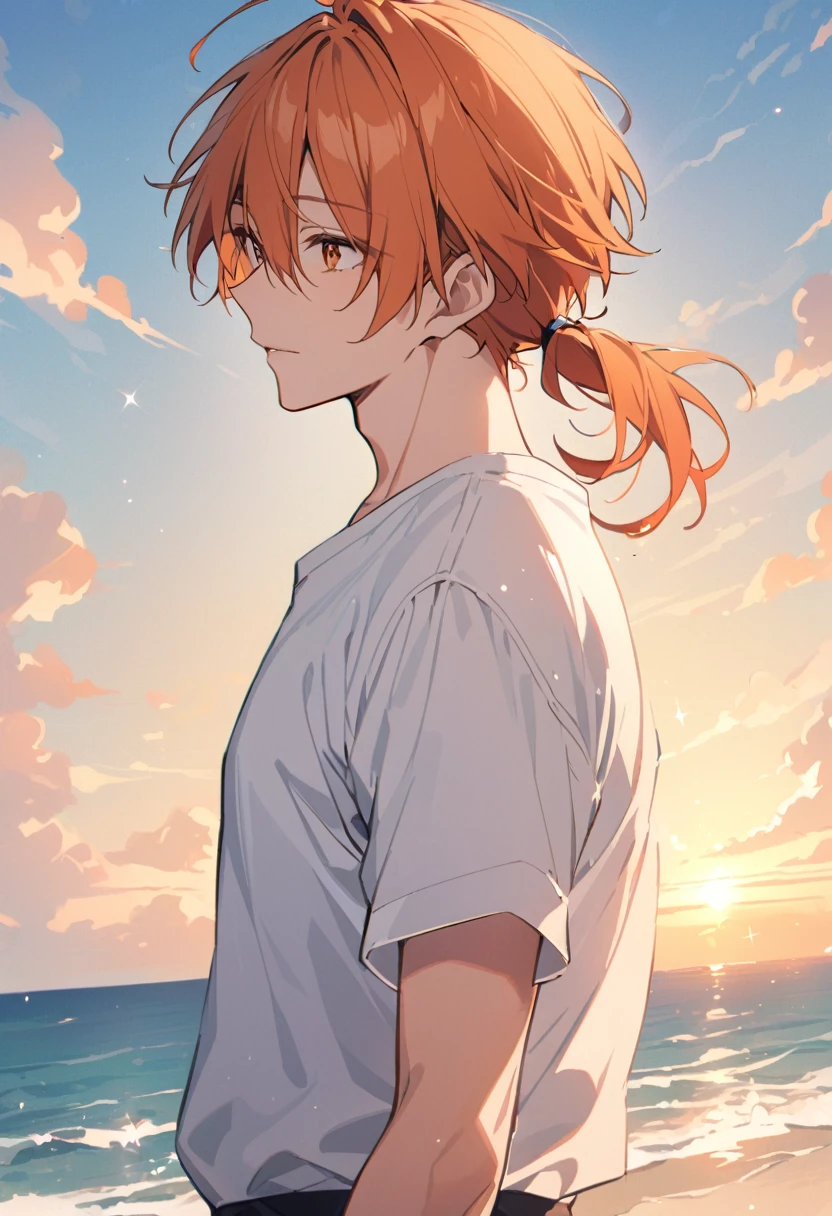 good looking, alone, 1 male, Medium Hair, Low Ponytail, Bright orange hair, Hazel Eyes, White shirt、Beautiful views、Ocean、friendly