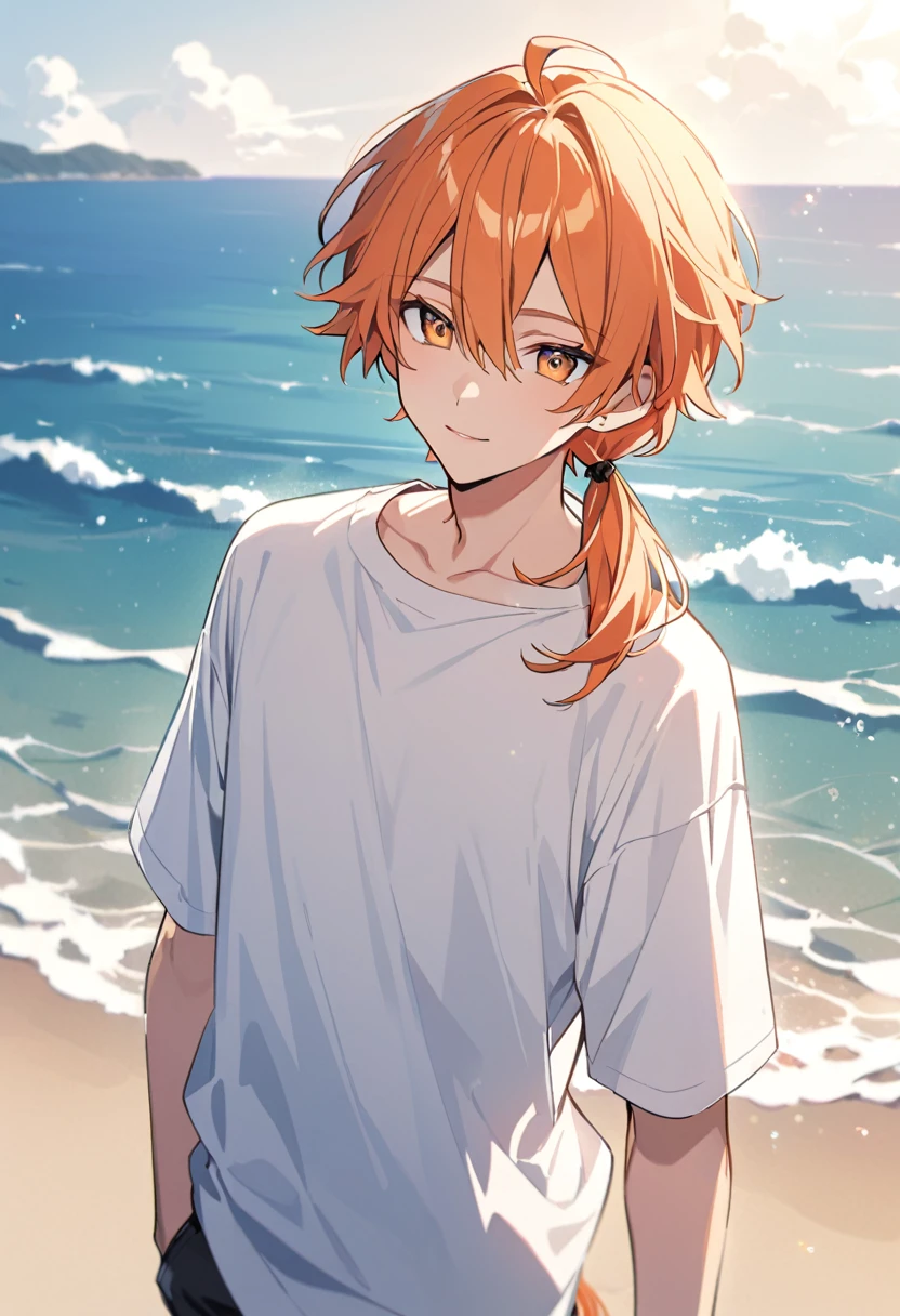 good looking, alone, 1 male, Medium Hair, Low Ponytail, Bright orange hair, Hazel Eyes, White shirt、Beautiful views、Ocean、friendly