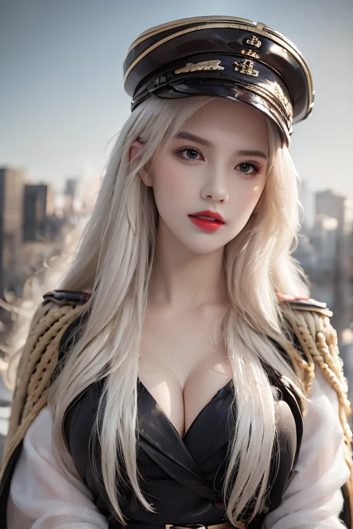 HDR, very detailed, Extra resolution, Masterpiece. 8k hd, a woman wearing a black gothic style military uniform, black military hat with gold details, iron cross symbol on the military hat, hips up, big breasts, 22 year old woman, beautiful face, Special face details, realistic, Red lips, black outfit, white coat, red hair, high ponytail, in the city, elegant gesture, flowing dress, Detailed facial features, Long eyelashes, contrast, great details, Incredible atmosphere, Gothic style, black and white plate, Fascinating setting, Haunting beauty,