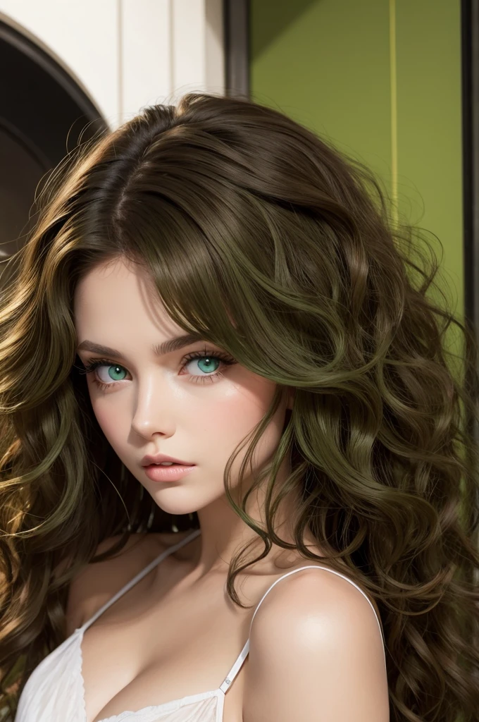 Brunette big hair green eyes