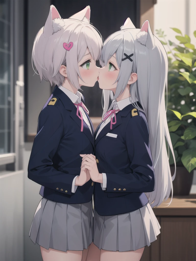 1girl, Green Eyes, Grey Hair, hair ornaments, Animal ears, Small breasts,uniform,Navy Blue Blazer,White shirt,Pink ribbon,Grey Skirt,No underwear,{{2girls,Kiss each other's crotches,Cunnilingus,pussy juice,}},yuri
