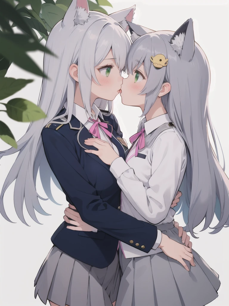 1girl, Green Eyes, Grey Hair, hair ornaments, Animal ears, Small breasts,uniform,Navy Blue Blazer,White shirt,Pink ribbon,Grey Skirt,No underwear,{{2girls,Kiss each other&#39;s crotches,Cunnilingus,pussy juice,}},yuri