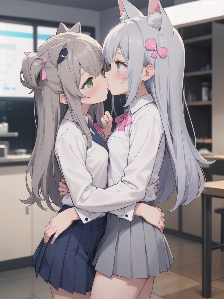 1girl, Green Eyes, Grey Hair, hair ornaments, Animal ears, Small breasts,uniform,Navy Blue Blazer,White shirt,Pink ribbon,Grey Skirt,No underwear,{{2girls,Kiss each other&#39;s crotches,Cunnilingus,pussy juice,}},yuri