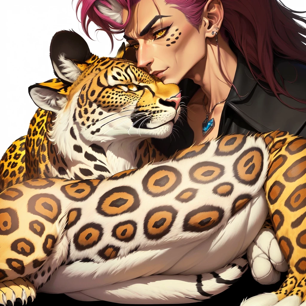 araffe and a leopard are hugging each other in a comic, humanoid cheetah, of anthro leopard warlock, full color illustration, sabertooth, spotted ultra realistic, based on a puma, commission for high res, michel ocelot, fan art, as illustrated in top cow comics, inspired by Dahlov Ipcar, very very realistic