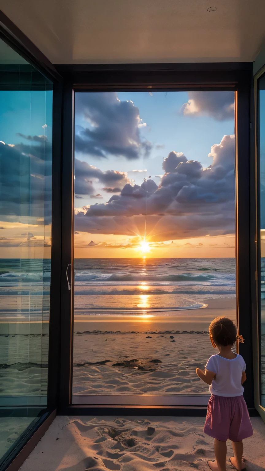 Glass, window, beach, kids, sunset, 4k