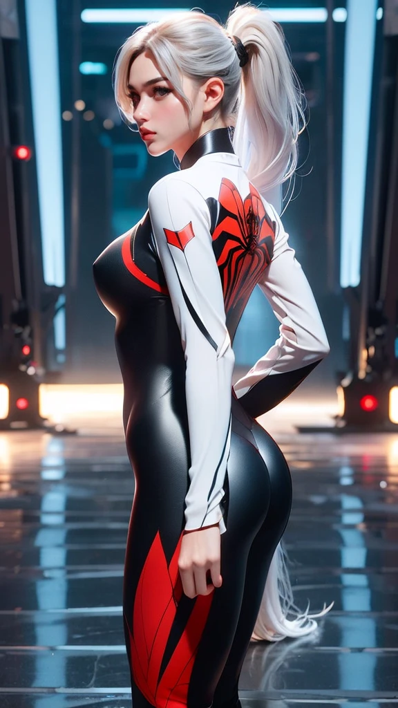 (masterpiece), (best quality), (ultra detailed), (epic lights reflections), glowing, luminous neon lights, 1girl, red eyes, white hair, ponytail, full makeups, red lips, fit body, tall girl, hair blown by strong winds, (Spiderman cosplay), very tight body shape suit, ultra bodysuit textures details, hair blown by winds, ((full body)), symmetrical pose, model posing in the middle, from behind
