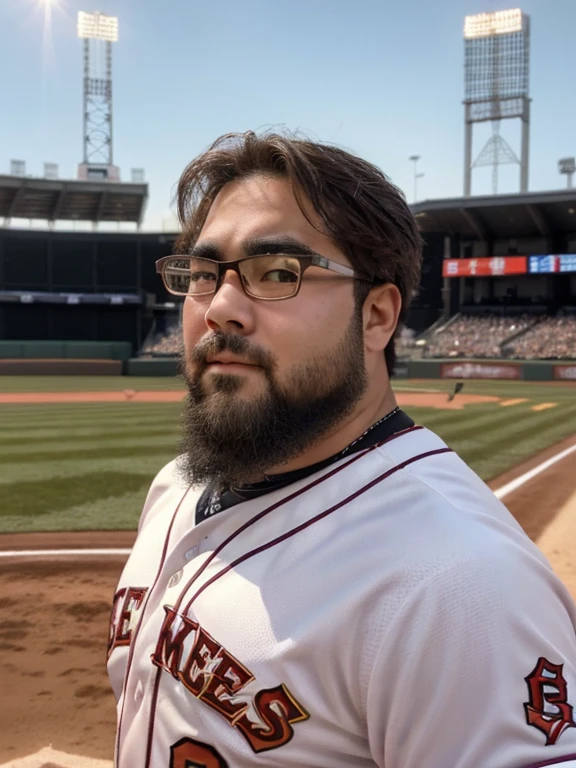 1male, solo, (yossan), Ultra-high resolution,beard, Glasses, ((Are fat)), baseball player, (baseball field), Batter Box, uniform, Gloves, bat, Audience seats, Stadium, sunlight, dynamic, Power, support, illumination, colorful, Heat,