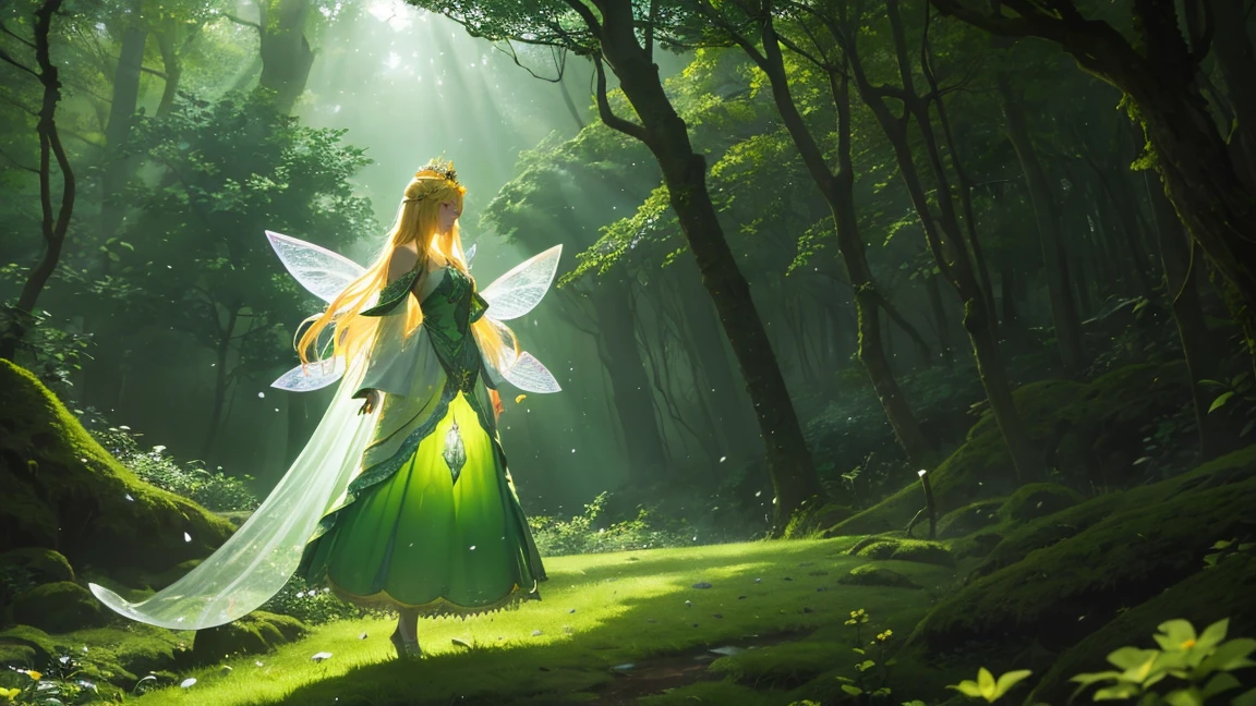 "In an enchanted forest, beautiful sunlight filters through the trees. In the center, a fairy woman with long blonde hair sits on a moss-covered rock, wearing a green dress and a crown of flowers. She has translucent fairy wings gracefully extended from her back. The overall atmosphere is magical and serene, highlighting the natural beauty of the surroundings."
