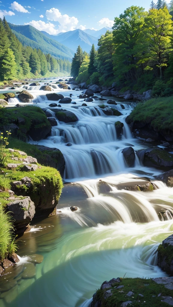 landscape, summer, clear stream, forest, uninhabited, river, blue sky, nobody, mountains in the distance, HD detail, ultra detail, film, hyperrealism, soft light, deep focus bokeh, ray tracing, hyper realism. , Art Station pixiv Gwise, Makoto Shinkai, Art Germ