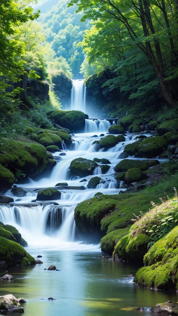 landscape, summer, clear stream, forest, uninhabited, river, blue sky, nobody, mountains in the distance, HD detail, ultra detail, film, hyperrealism, soft light, deep focus bokeh, ray tracing, hyper realism. , Art Station pixiv Gwise, Makoto Shinkai, Art Germ