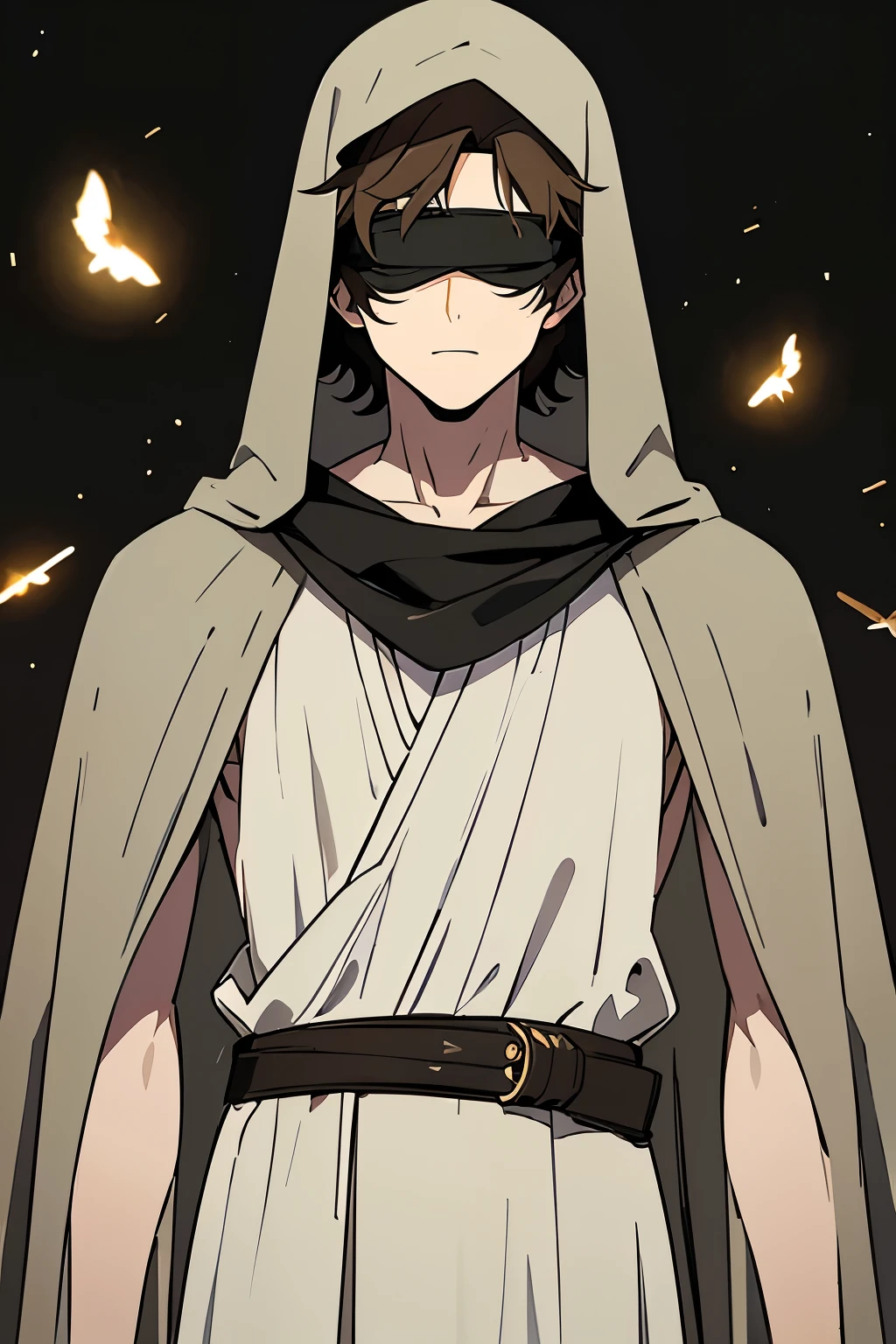 (high-quality, breathtaking),(expressive eyes, perfect face) portrait, Symmetrical Eyes, 1boy, male, solo, adult age, brown hair, cover eyes, bandages, short hair, curly hair, black background, rock floor, eerie haunting lighting, green fireflies, heavy looming fog, hooded black cloak, greek tunic, thin belt, Greek Underworld background, Greek Prophet, fantasy blindfold, Ancient Greek clothing
