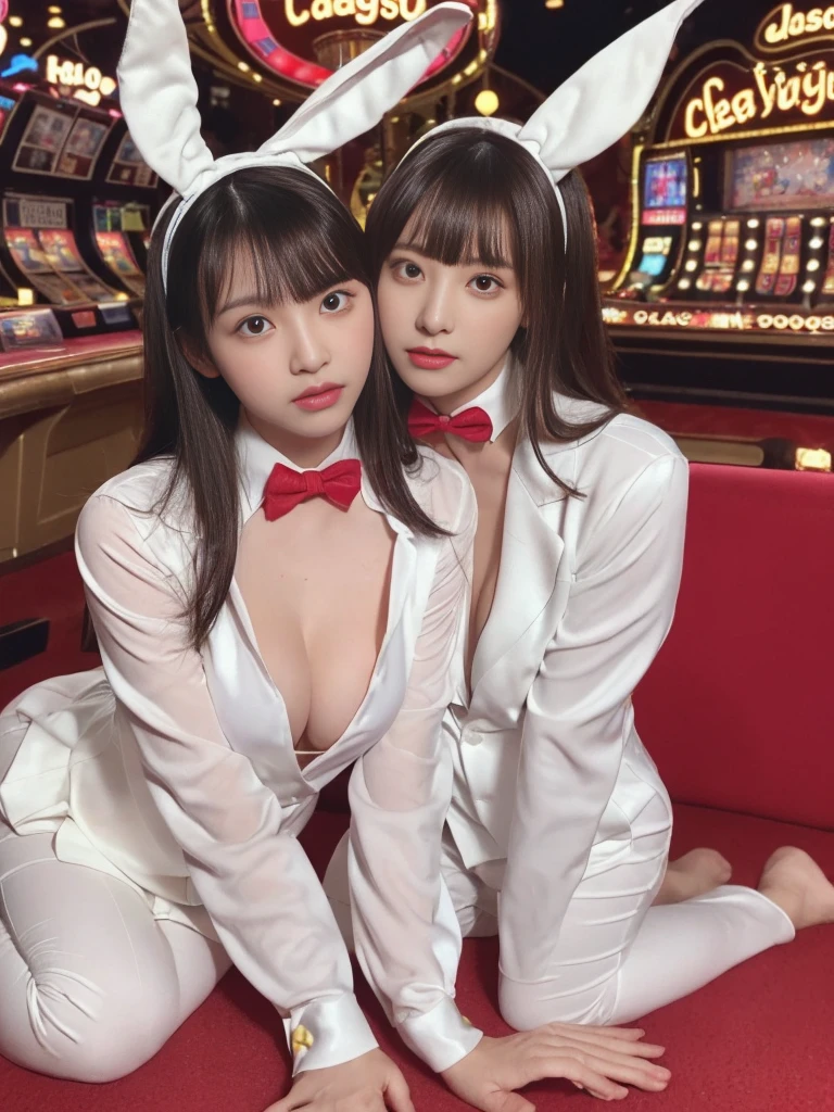 (Realistic、Photorealistic:1.37)、(8K、Raw photo、Highest quality、masterpiece:1.2)、The most beautiful woman in the world、Ultra-detailed、Heart-shaped pupils、Physically Based Rendering、Ultra-high resolution、Sharp focus、(((Correct Anatomy:1.2)))、((Pose with your arms tucked across your chest for emphasis:1.2))、(huge 、Cleavage)、((One Girl))、Highest quality、Highly detailed face、One Girl、Professional Lighting、((Bunny Suit、Black rabbit ears headband、A bow tie:1.2、))、Highly detailed eyes and face、Beautiful and fine details、double eyelid、Red cheeks、((Casino Background:1.3))、Nogizaka Idol、Korean Idol、Japan is an idol、(((Spread your legs)))、Black-haired、Blonde、((Lying on the sofa))