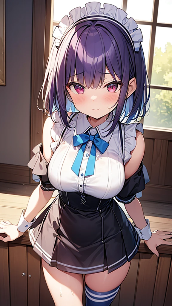 最high quality, high quality, Super detailed, 32k, Ultra-detailed details, Sister and maid, (only, Standing, pretty girl, beautiful purple hair, short hair, Beautiful RED eyes, mature, Big Breasts, A light smile, Off-the-shoulder sleeveless Summer メイド服, Summer casual maid clothes, Short skirt, Blue and white color striped underwear, Black knee socks, loafers, My crotch is wet with love juice, 18-year-old,cute), {{ターゲットの男の妹,The succubus infiltrates the mansion, peels the skin off her sister&#39;s face, replaces it with her own, and puts on a maid outfit with her sister&#39;s face, lifting her skirt to show her underwear., Mature body and sister&#39;s face}, She has transformed from a shy maid into a lewd one., A maid with her sister&#39;s face stuck on her face is vigorously pistoning her body, A maid who moves her body vigorously without caring if her breasts bounce, Super detailed, indoor, Full body image, ((Head to Toe:1.3)), NSFW