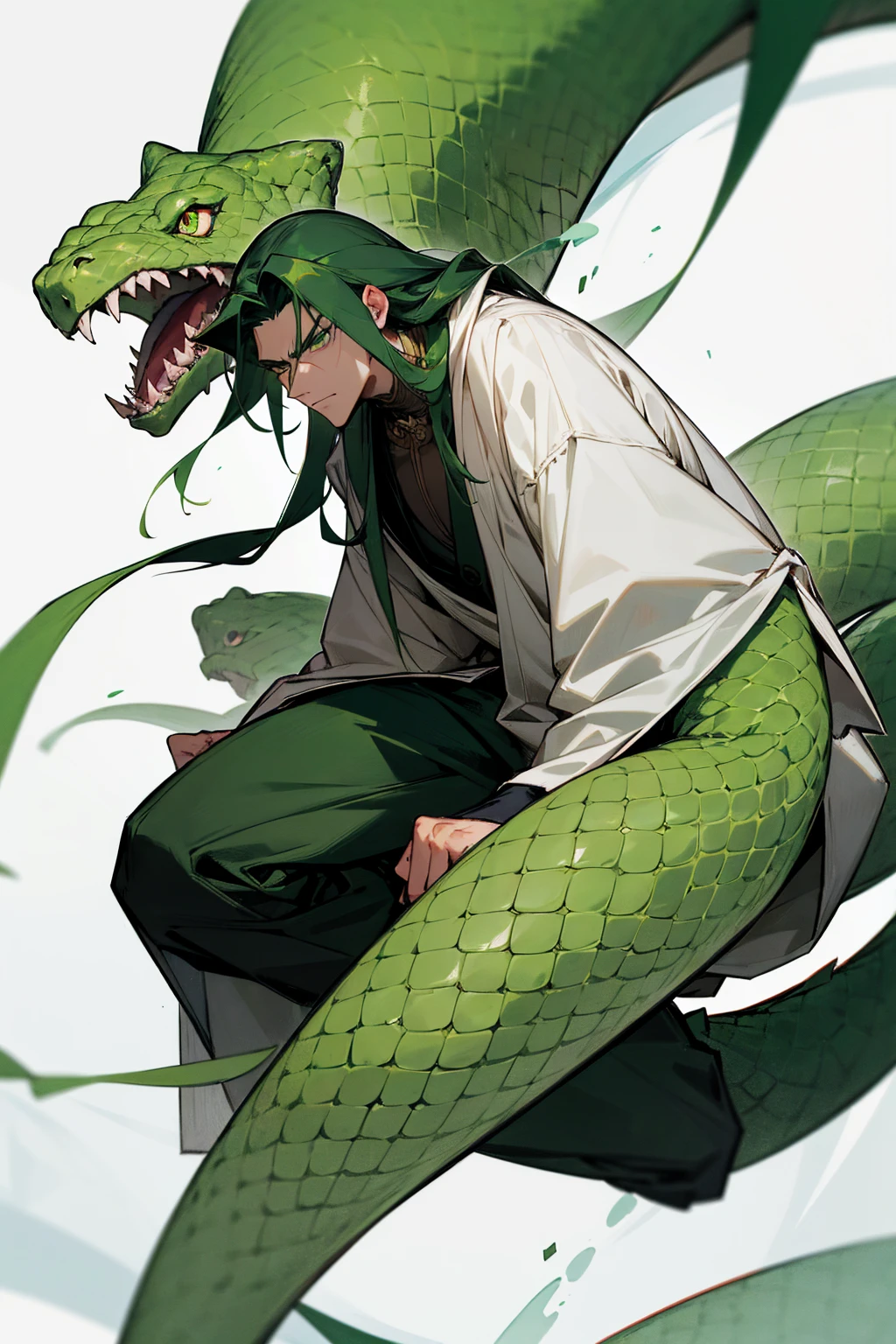 A handsome man with long dark green hair、Green eyes，The expression is cold，A poisonous snake wrapped around his neck，viciousness，unholy，badass，Wearing delicate white clothes，Full body like。
