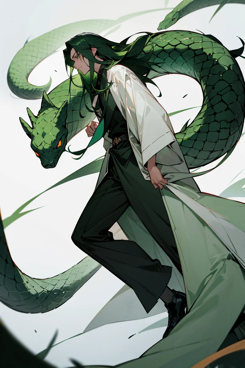 A handsome man with long dark green hair、Green eyes,The expression is cold,A poisonous snake wrapped around his neck,viciousness,unholy,badass,Wearing delicate white clothes,Full body like。