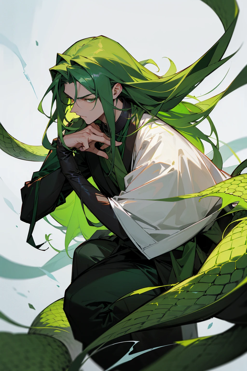A handsome man with long dark green hair、Green eyes,The expression is cold,A poisonous snake wrapped around his neck,viciousness,unholy,badass,Wearing delicate white clothes,Full body like。