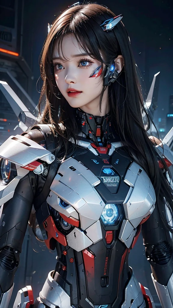 rough skin, Super detailed, advanced details, high quality, better quality, High resolution, 1080P, Hard disk, beautiful,(Iron Patriot),Beautiful cyborg woman,Mecha cyborg ,battle mode, With mechanical body,She wears a futuristic Iron Patriot mech,full body shot