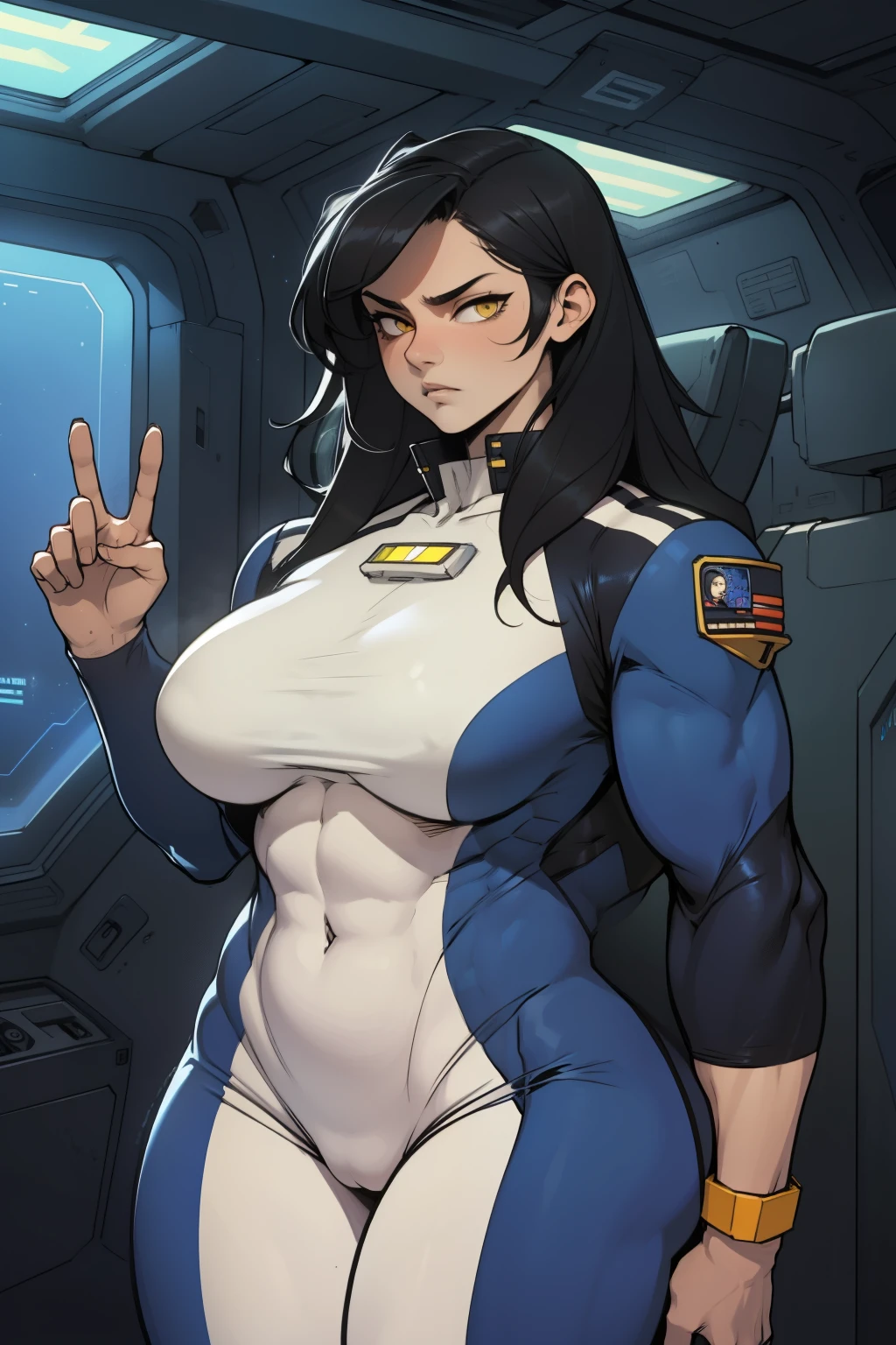 massive hair huge breasts giant muscles expressionless sad girl black hair long hair yellow eyes pale skin extremely thick ((alien suit inside spaceship cockpit))