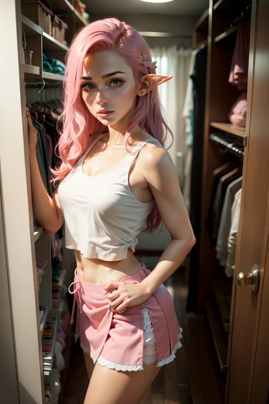 Create a young pink-haired woman with elf ears, in the closet, wearing a white tank top and a short casual skirt