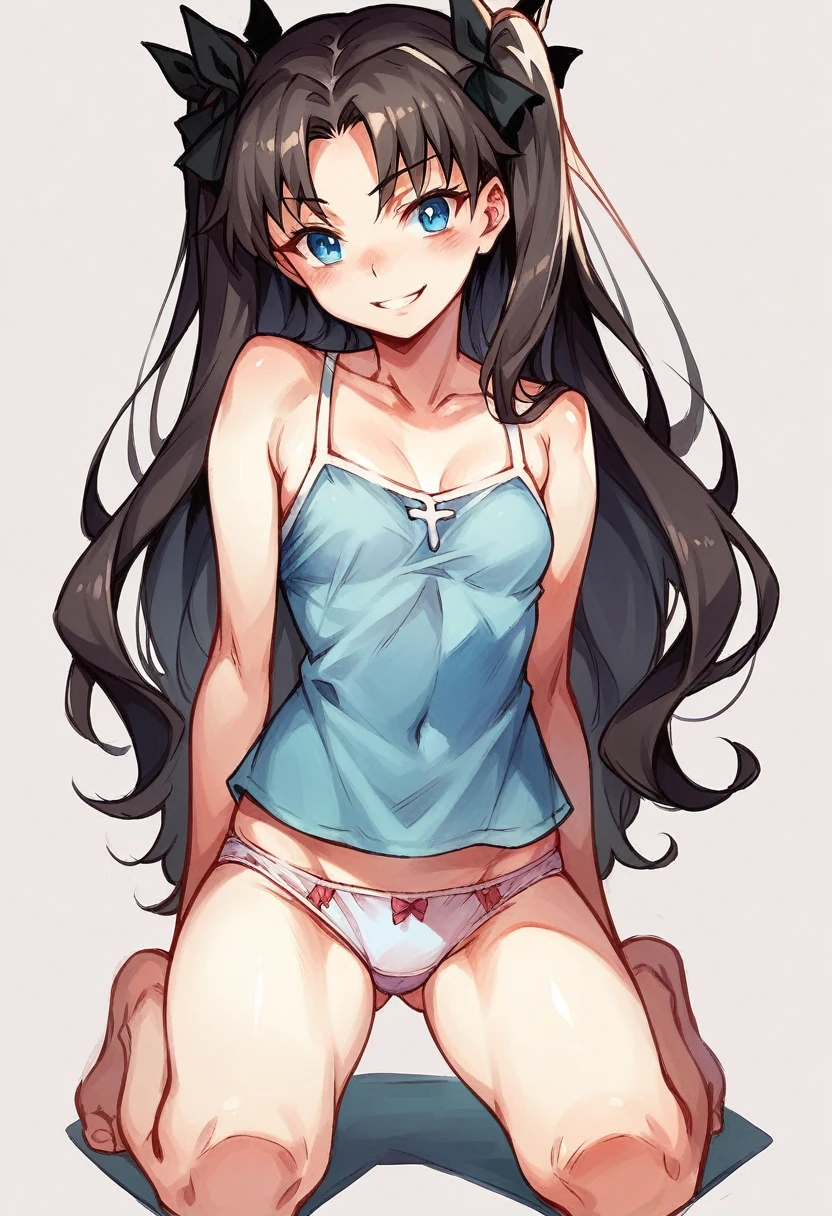 best quality, highly detailed,,solo,small breasts,tohsaka_rin,blue eyes,rough sketch,Watercolor,cute camisole,cute panties,kneeling,smile,