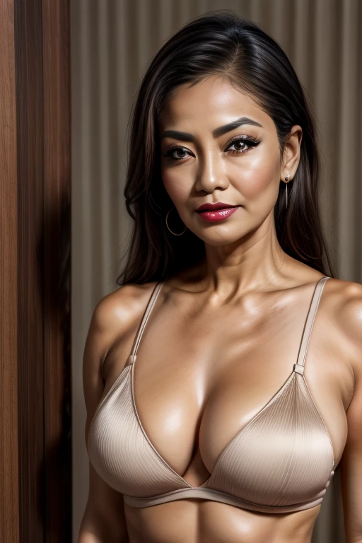 Masterpiece, an award winning portrait of a Asian 50 years old female beautiful business executive, ultra detailed face, ultra high detailed eyes, ultra realistic skin, (textured skin, skin pores, half body shot:1.1), brown skin, big tits,curvy body, long black hair, hair over one eye, brown eyes, dark eyes, thin eyebrows, perfect teeth, red lipstick, seductive makeup, Armani satin business shirt, 32K, ultra high res.photorealistic, UHD, Leica SL2 + Leica Vario-Elmarit-SL 24-70 f/2.8 ASPH, RAW, sharp ,natural lighting, a corporate photograph