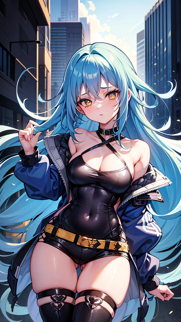 A girl, blue hair, yellow eyes, long hair, forehead, punk-girl (grs-), gun to head, {heart shaped pupils},From below, above the thighs,A girl, blue hair, yellow eyes, long hair, forehead, off-shoulder jacket