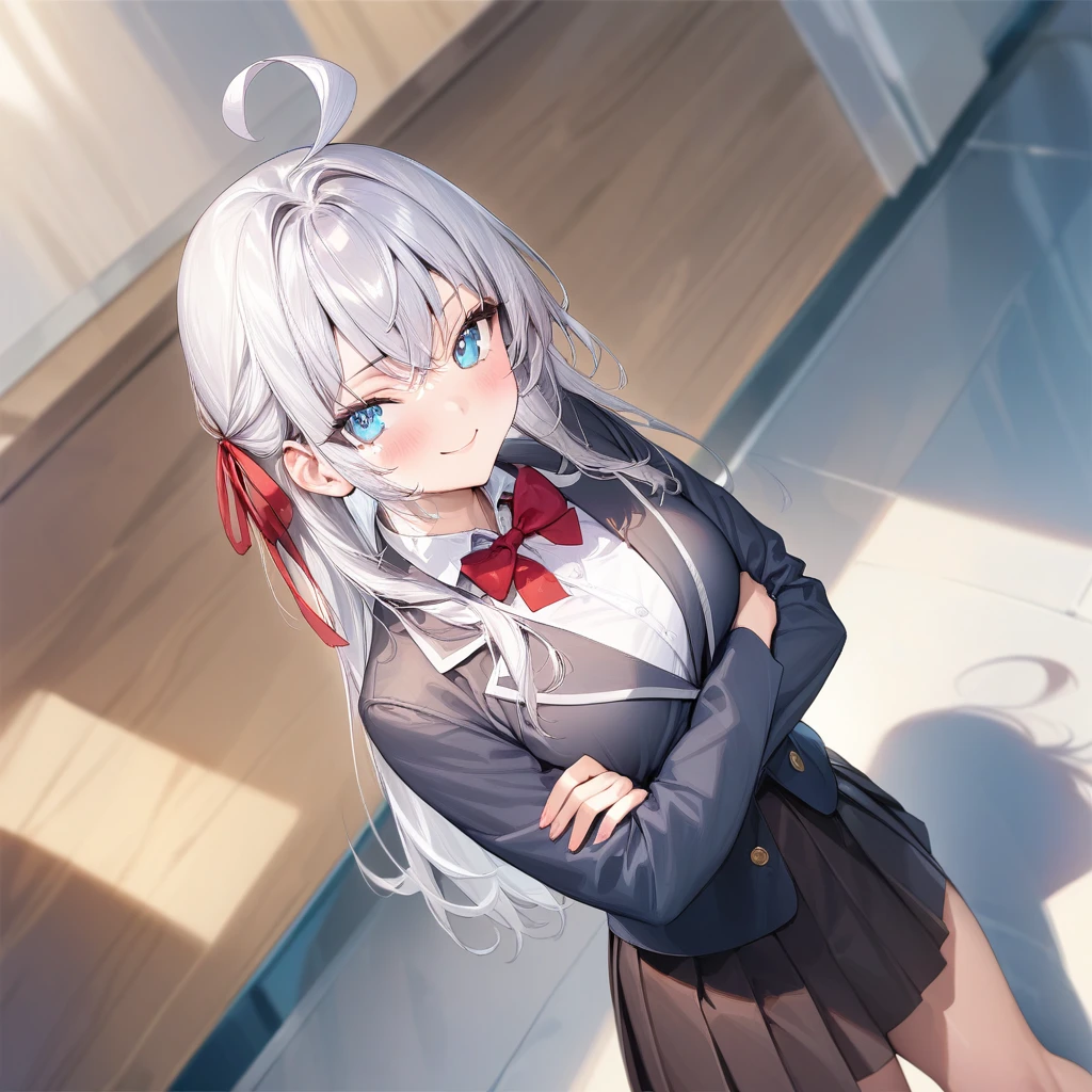 (masterpiece),(best quality),(ultra-detailed),(best illustration),(best shadow),(absurdres),(detailed background),(very aesthetic), alya(roshidere), white hair, long hair, bangs, blue eyes, hair ribbon, ahoge, red ribbon, skirt, shirt, long sleeves, bow, , jacket, white shirt, pleated skirt, collared shirt, bowtie, black skirt, red bow, red bowtie, blazer, grey blazer, long sleeves, upper body view, crossed arms, smile,