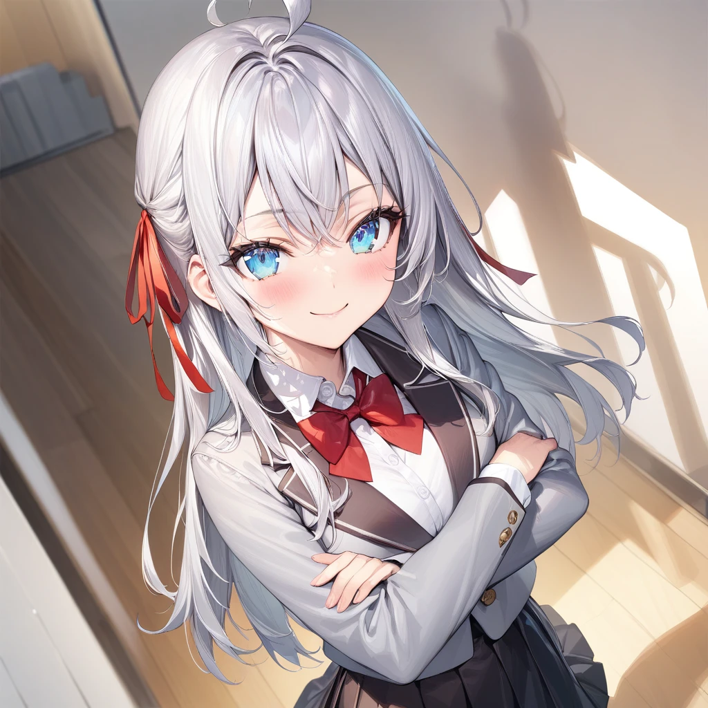 (masterpiece),(best quality),(ultra-detailed),(best illustration),(best shadow),(absurdres),(detailed background),(very aesthetic), alya(roshidere), white hair, long hair, bangs, blue eyes, hair ribbon, ahoge, red ribbon, skirt, shirt, long sleeves, bow, , jacket, white shirt, pleated skirt, collared shirt, bowtie, black skirt, red bow, red bowtie, blazer, grey blazer, long sleeves, upper body view, crossed arms, smile,