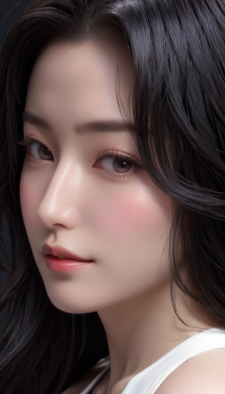 ((最大16K解像度のmasterpiece:1.6)), beautiful, Highest quality, Absolutely wonderful, high detail, Ultra-high resolution, masterpiece, Real, Realistic, The depth of the written world, Cinematic Light, 
One elegant mature woman, Long black hair, beautiful顔, Highly detailed facial expressions, Gentle expression, Transparent white skin, Very delicate skin texture, Superb proportions, Anatomically correct body,
Elegant high leg swimsuit, snow-white color, Fine fabric texture、
Black Background,
Focus on the upper body,((Close-up of face:1.5)),
