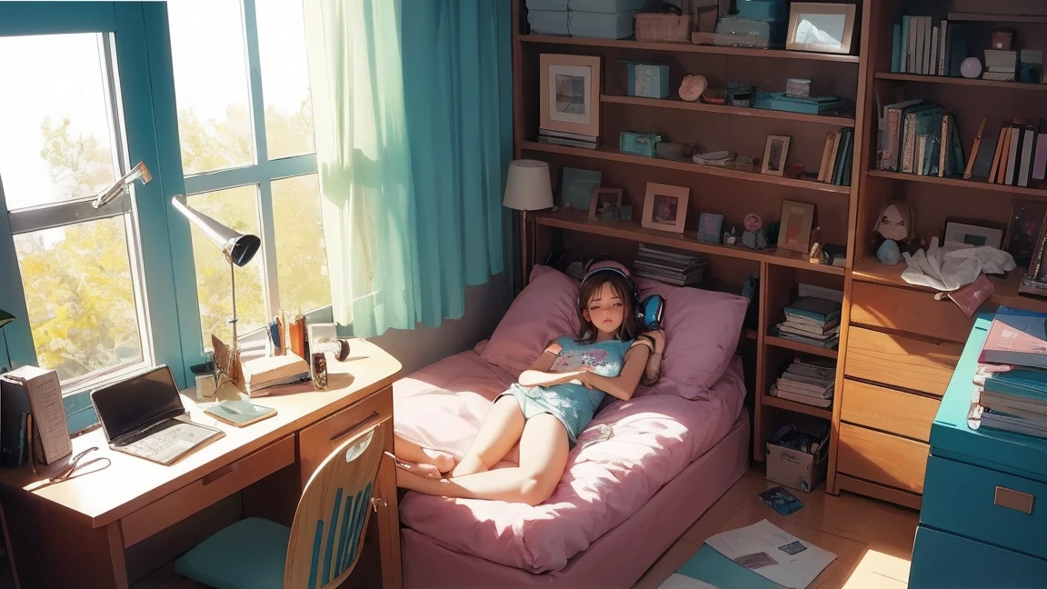 “Create a LoFi animation style scene featuring a girl in her bedroom.. The scene progresses through a variety of activities.. Initially, The girl is lying on the bed with headphones. Next, She puts on her headphones and gets up from her seat and starts cleaning her apartment.. Since, She is shown ironing clothes. finally, She is sitting at a desk or armchair, read a book without headphones. The room is spacious and beautifully decorated.. The camera viewpoint should be slightly above., Like a bird's eye view, Provides an overview of the room and the girl's activities..