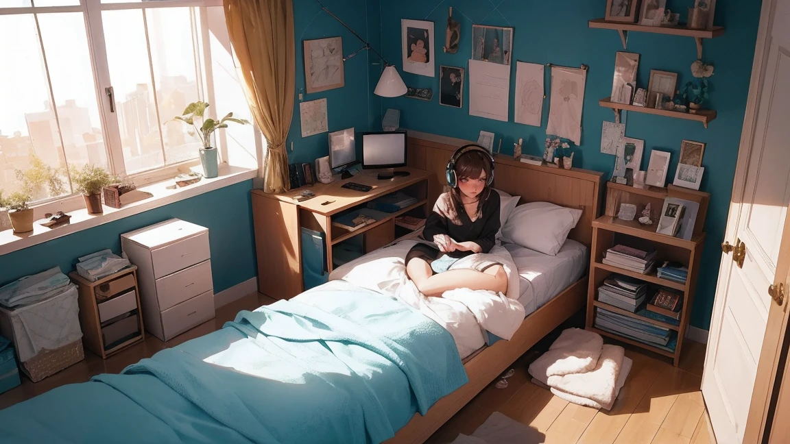 “Create a LoFi animation style scene featuring a girl in her bedroom.. The scene progresses through a variety of activities.. Initially, The girl is lying on the bed with headphones. Next, She puts on her headphones and gets up from her seat and starts cleaning her apartment.. Since, She is shown ironing clothes. finally, She is sitting at a desk or armchair, read a book without headphones. The room is spacious and beautifully decorated.. The camera viewpoint should be slightly above., Like a bird's eye view, Provides an overview of the room and the girl's activities..
