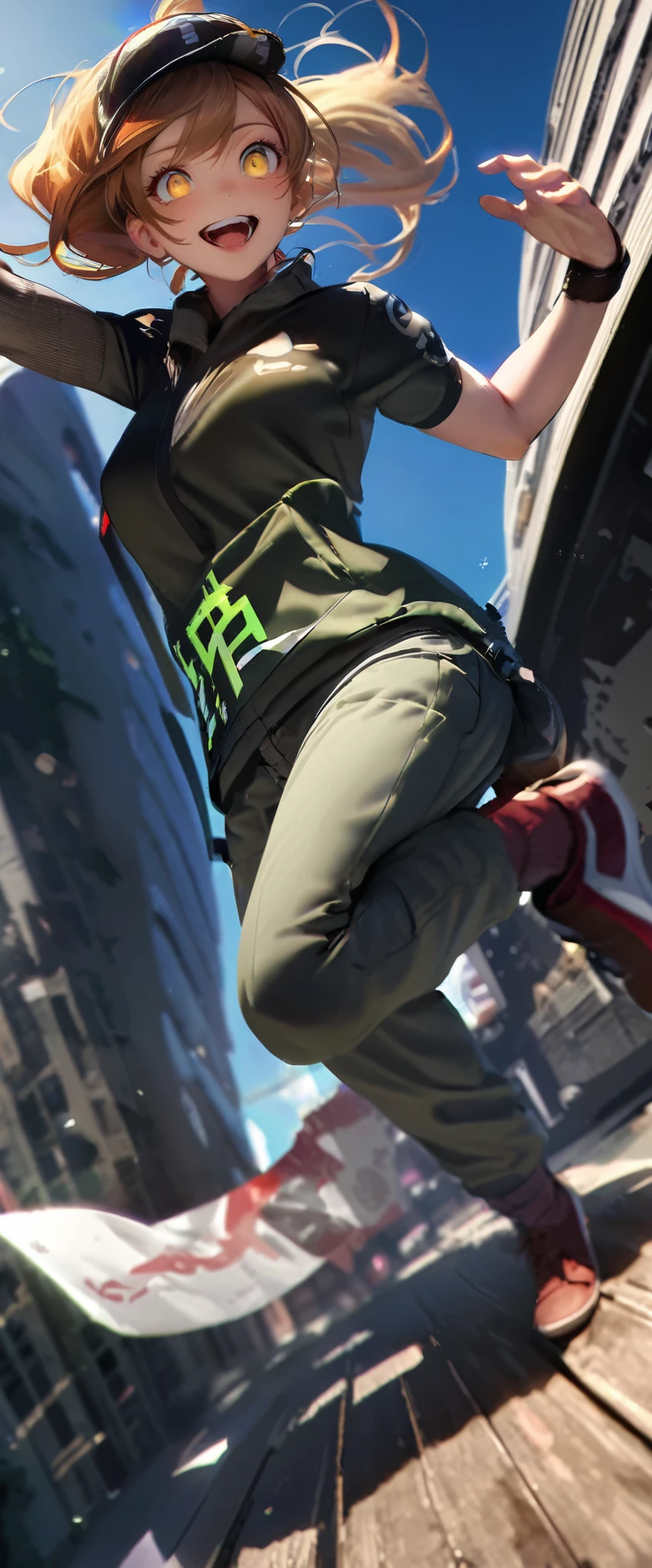 quality\(8k,wallpaper of extremely detailed CG unit, masterpiece,hight resolution,top-quality,top-quality real texture skin,hyper realisitic,increase the resolution,RAW photos,best qualtiy,highly detailed,the wallpaper,cinematic lighting,ray trace,golden ratio\), BREAK ,solo,1girl\(ponytail, blonde, long hair, floating hair, cosmic eyes, big eyes, short shirts, cargo pants, smiling,wearing cap, (player of parkour:1.5), jumping from building to building, muscular,\), BREAK , from above, ground looks far away, beautiful view, horrible view,(dynamic pose:1.4), (dynamic angle:1.4), urban cityscape,daytime,long shot