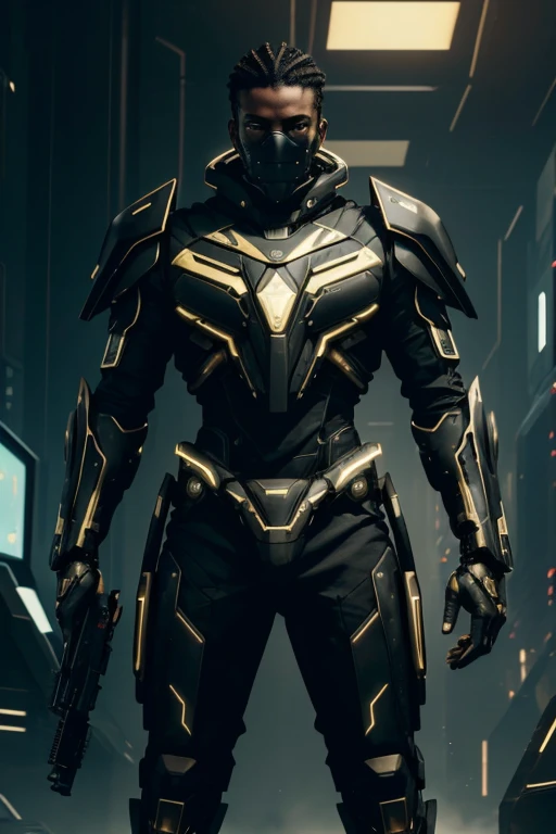 luxtech, cyberpunk, luxtech armor, ethnically black, black skin, holding a luxtech gun