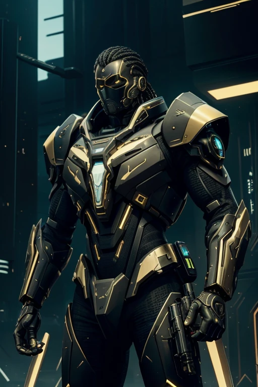 luxtech, cyberpunk, luxtech armor, ethnically black, black skin, holding a luxtech gun