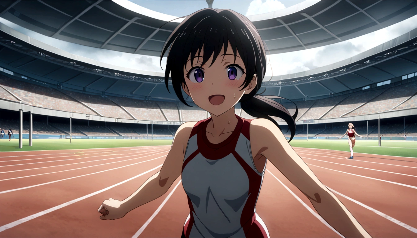 score 9, source anime, wide shot, multiple girls, Female track and field athletes compete in the 400-meter run in the stadium, dynamic angle, perfect face, playful expression, low ponytail, sweat, outdoor, overcast sky, shiny day, dramatic lighting, cinematic, best quality, 8k, masterpiece, ultra-detailed,