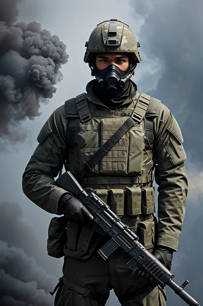 Create an image for a book cover. With a gray background, a soldier holding an HK 47 and smoke surrounding him