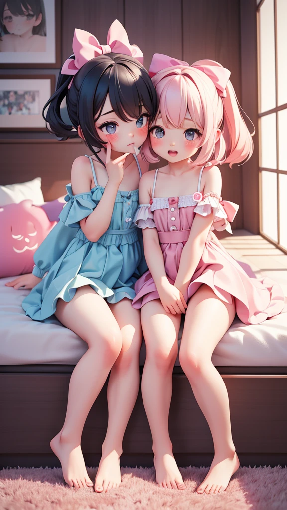 ((2girls)), ((petite kawaii, bishojo)), ((kawaii face)), ((kawaii puffy eyes)), ((masterpiece)), ((best quality)), ((ultra detailed)), (8k), (depth), (exquisite), (crisp), ((highres)), (high standard), ((beautiful and aesthetic)), (super detailed skin), (perfect anatomy), (strap slip), (thighs), (bare foot), ((lesbian, though biting kiss)), (lipstick), (blush), (one room), (big bow in hair)