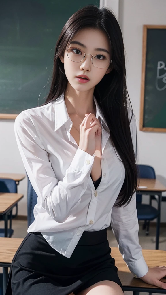 top Quority,Ultra-clear resolution, Korean 18 years old. seductive, Charming, voluptuous figure, Thin, slender. skinny, Chest reduction, Clear eyes, innocent face, is a perfect face, White skin, Perfect chest, Long legs(( Wearing glasses. Teacher clothes. Button-up shirt. Long sleeve. With black Jaz.Black skirt)) The cleavage is widely open. elegant pose. In the classroom. In front of the board