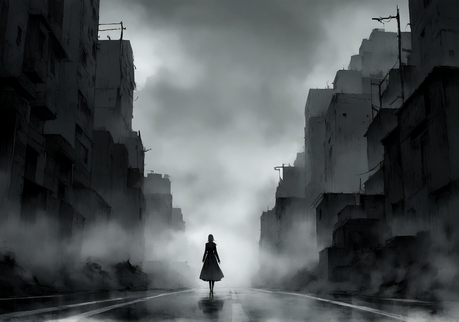 gloomy road, black and white, HD, fog, terrifying 