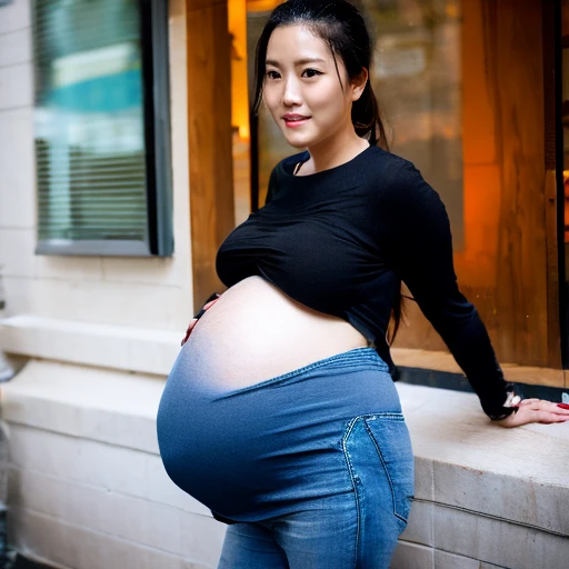 very very big pregnant midriff asian beautiful woman,belly button, city,long sleeve croptop and jeans,walking