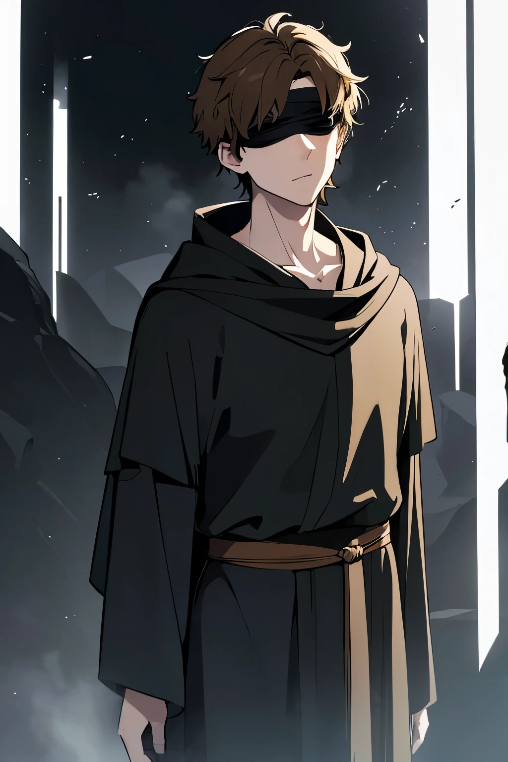 (high-quality, breathtaking),(expressive eyes, perfect face) portrait, Symmetrical Eyes, 1boy, male, solo, adult age, brown hair, cover eyes, bandages, short hair, curly hair, black background, rock floor, eerie haunting lighting, green fireflies, heavy looming fog, hooded black cloak, greek tunic, thin belt, Greek Underworld background, Greek Prophet, fantasy blindfold, Ancient Greek clothing
