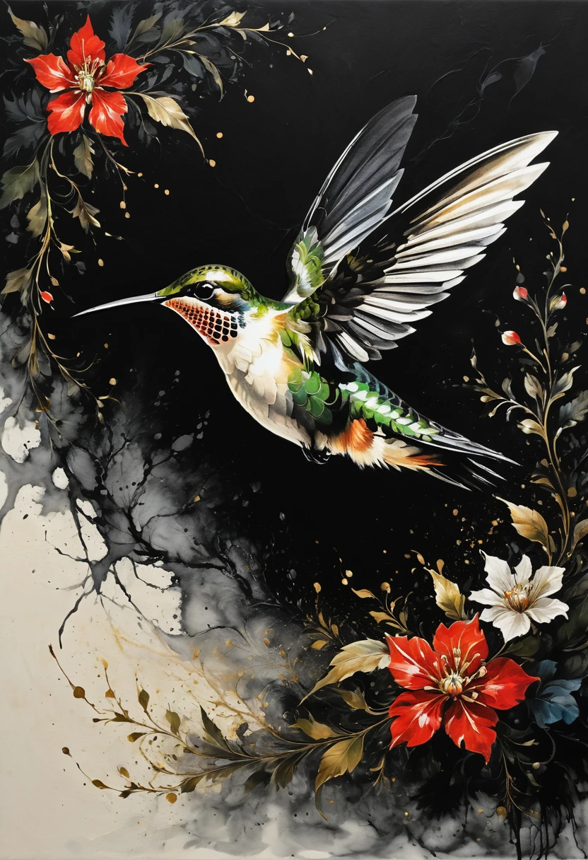 Ebru technique, the hummingbird shape is made entirely of marble patterns. The watercolor is completely dark. Black colors and flowers. mountain forest background. The mesmerizing image of the will-o'-the-wisp, captured in exquisite detail on the canvas of the painting, evokes a sense of wonder and enchantment, revealing the exquisite beauty of this unique creature. 3D, magical, fabulous, masterpiece picture, The style of Raphael, Caravaggio, Coby Whitmore, Titian, Leonardo da Vinci,skll