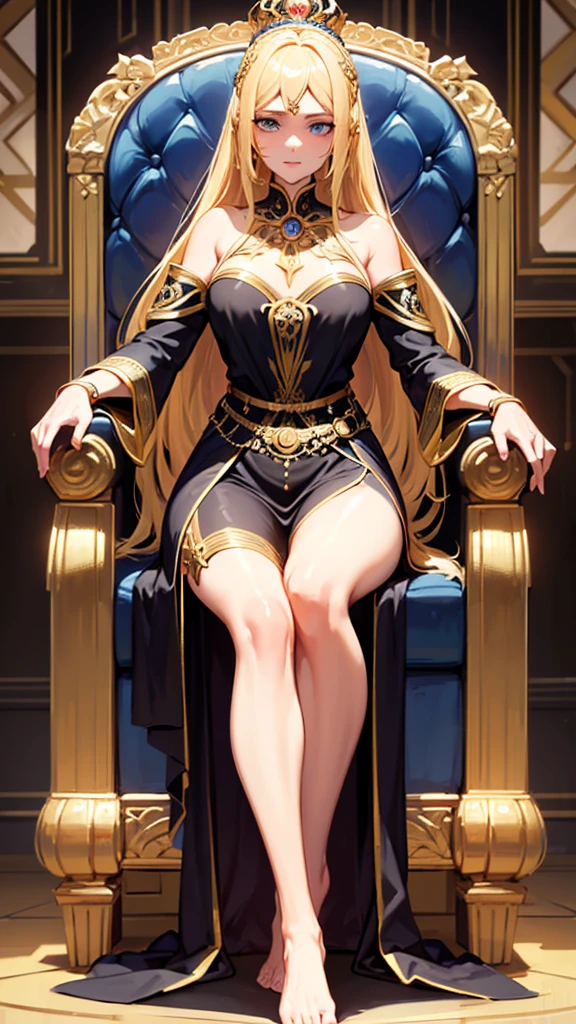 a beautiful elegant woman, flowing golden hair, piercing blue eyes, ornate black gown, intricate golden details, sitting on ornate throne, grand hall of castle, regal, goddess, queen, ceremonial dress, photorealistic, 8k, ultra-detailed, cinematic lighting, dramatic shadows, intricate details, vibrant colors, golden crown on head, bare feet, seios médios, coxas grandes, trono dourado, grande, simbolo solar no trono, simbolo no trono de uma grande ordem