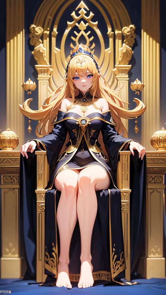 a beautiful elegant woman, flowing golden hair, piercing blue eyes, ornate black gown, intricate golden details, sitting on ornate throne, grand hall of castle, regal, goddess, queen, ceremonial dress, photorealistic, 8k, ultra-detailed, cinematic lighting, dramatic shadows, intricate details, vibrant colors, golden crown on head, bare feet, seios médios, coxas grandes, trono dourado, grande, simbolo solar no trono, simbolo no trono de uma grande ordem