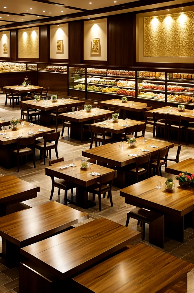 Food Zone: Elegant buffet with decorative tables and setting in a large event room