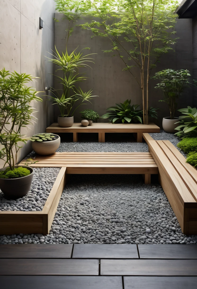 A high-resolution, minimalist Muji style garden corner with a serene ambiance. The space features clean lines and a neutral color palette, incorporating natural materials such as wood and stone. A small zen area with carefully placed pebbles and potted plants creates a peaceful atmosphere. A simple wooden bench provides a cozy spot for relaxation. Subtle decorative elements like bamboo accents and a small water feature add to the tranquility. ((8k)), ((UHD)), high quality detail, depth of field effect, no yapping.